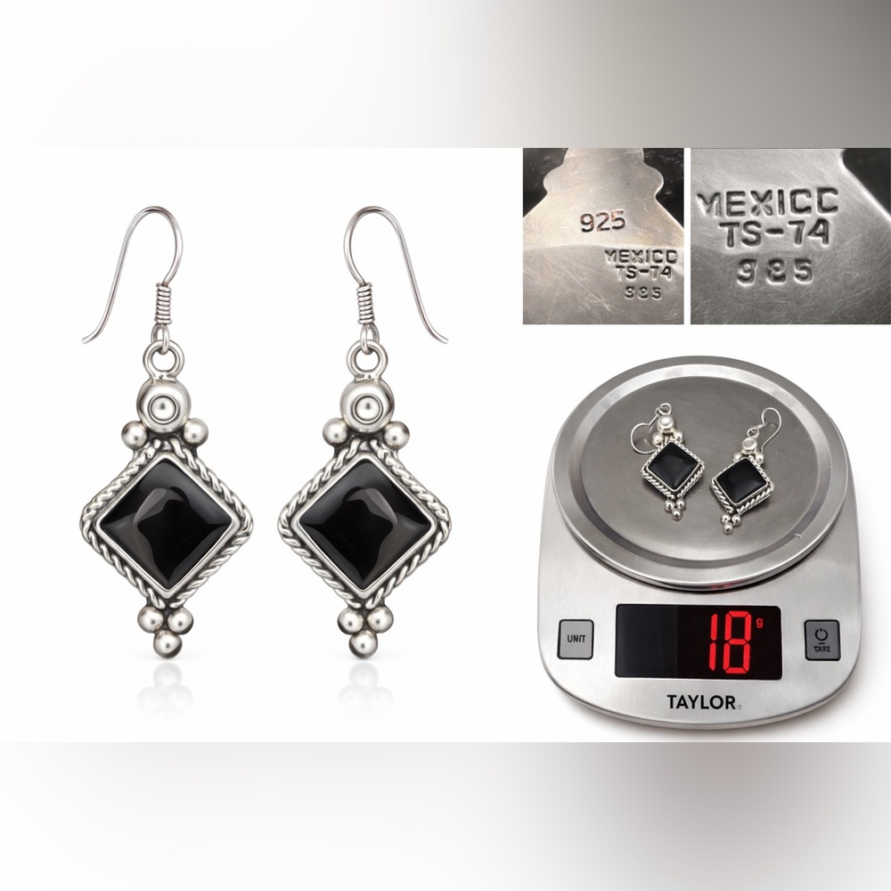 Vintage Mexican Sterling Silver Black Onyx Drop Earrings | 925 | 18g